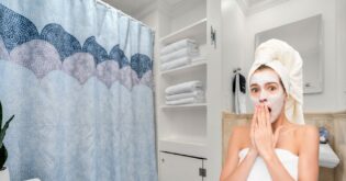 A person stands in the bathroom with a towel on their head and a facial mask, covering their mouth. Behind them, shelves hold neatly folded towels, while a shower with a blue PEVA safety curtain completes the serene setting.