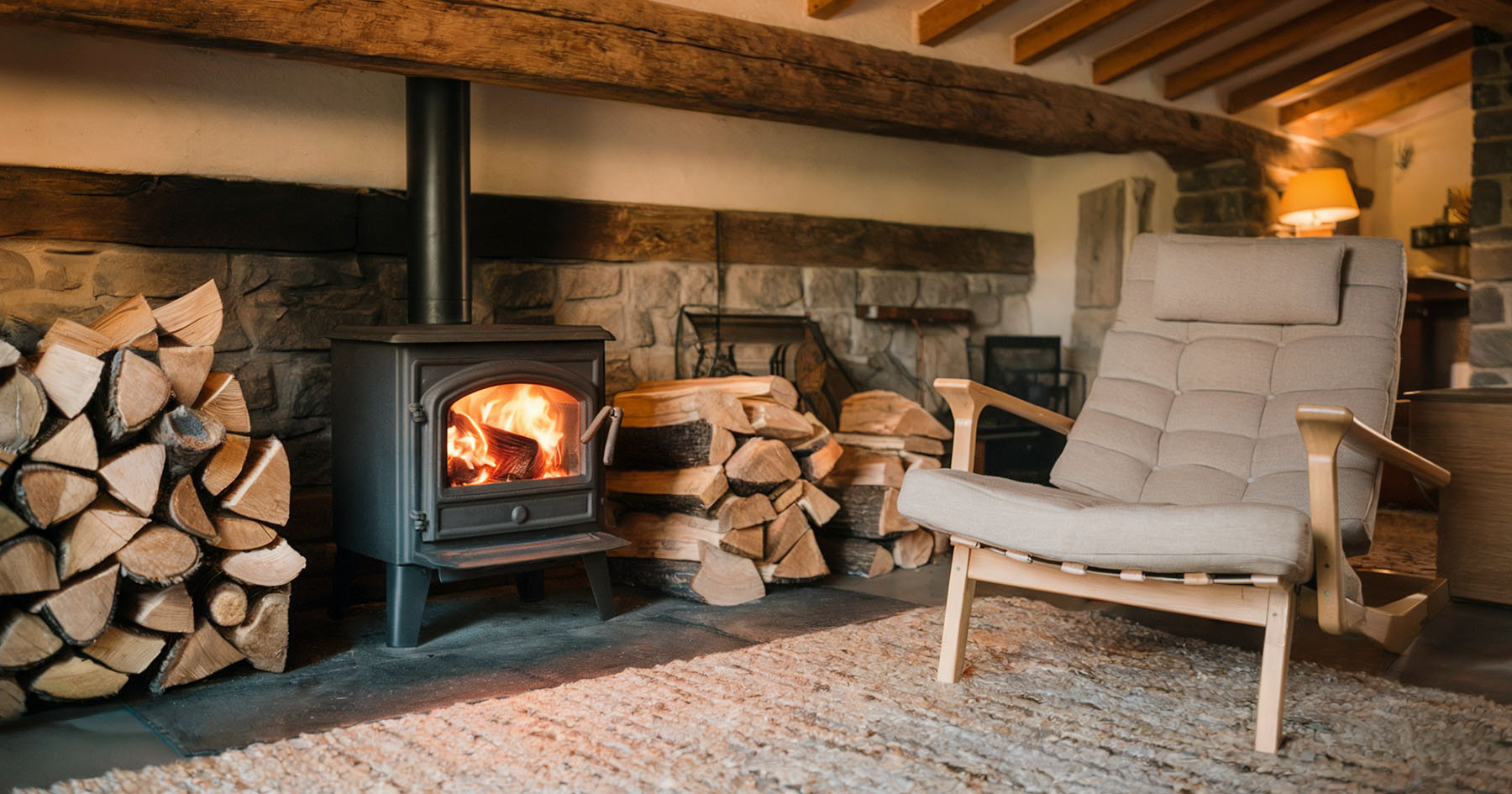 Cozy room with a lit wood-burning stove, surrounded by stacked firewood. A cushioned chair sits nearby on a patterned rug. The walls are made of stone and wood beams.