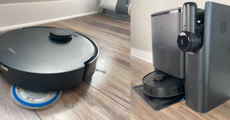 A T30S robotic vacuum cleaner on a wooden floor, shown in two images: one cleaning and the other docked in its charging station.