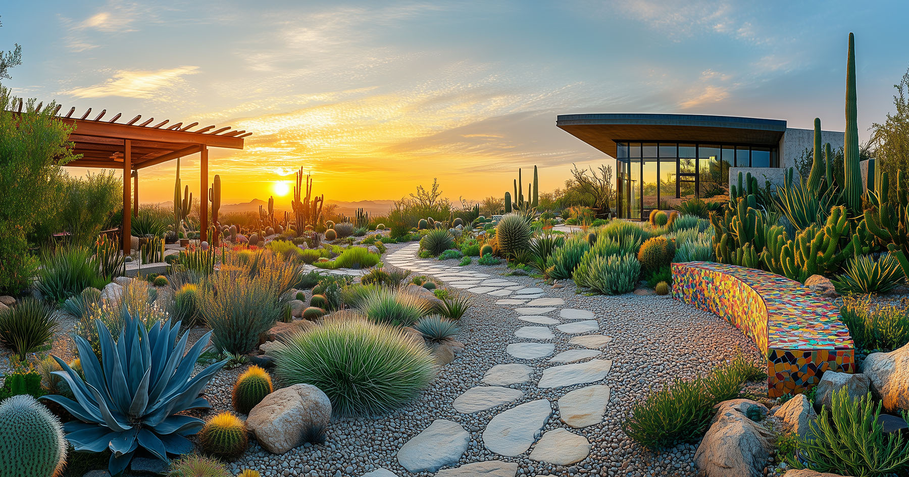 Desert landscape at sunset with a stone path, cacti, agave plants, a modern building, and a colorful bench.