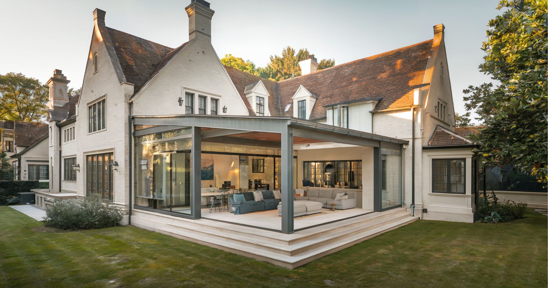 A large modern house with a mix of traditional and contemporary design elements, featuring an extensive glass extension overlooking a well-manicured lawn.