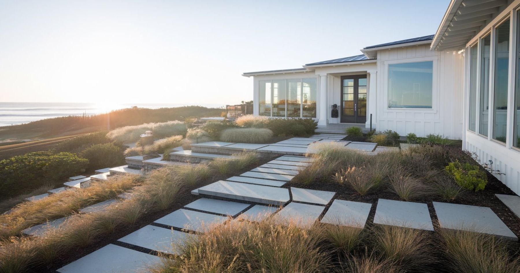 Modern white house with large windows and a coastal front yard landscape. A minimalist stone path winds through the lush surroundings. As the sun sets on the horizon near the ocean, this serene setting transforms into a picturesque haven.